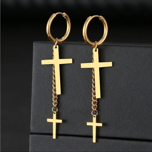 ⭐️ New Gold or Silver Cross Dangle Hoop Earrings - Picture 3 of 10
